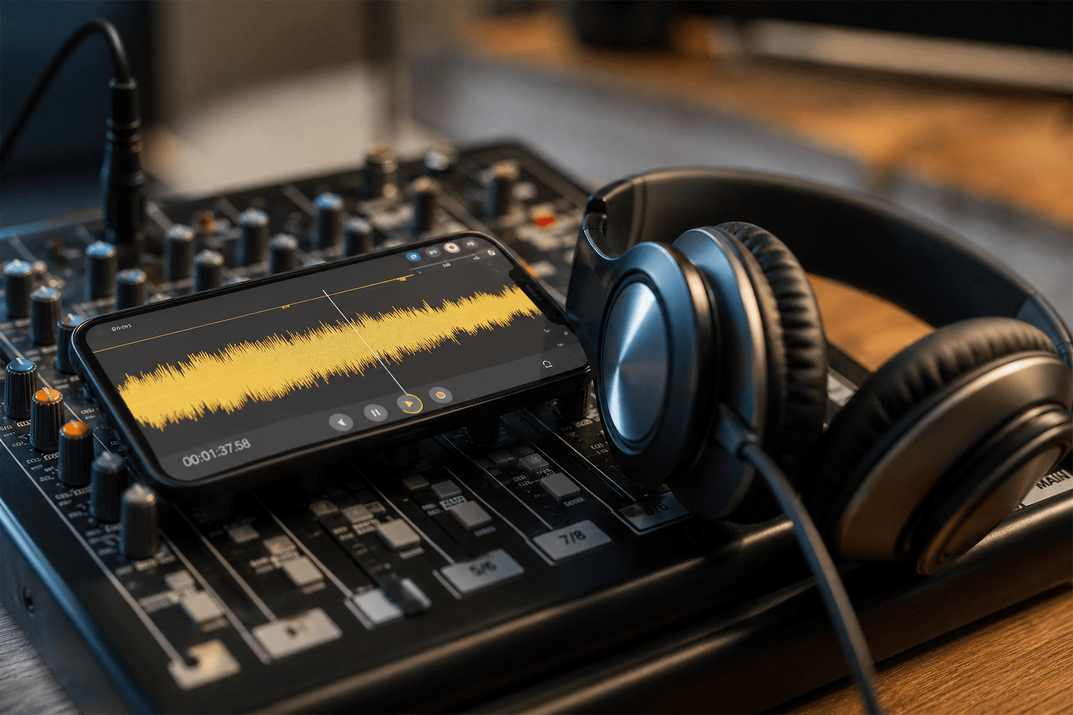 Smartphone and headphones on a miniature mixing table, sound wave on the screen, photorealistic mobile creator atmosphere