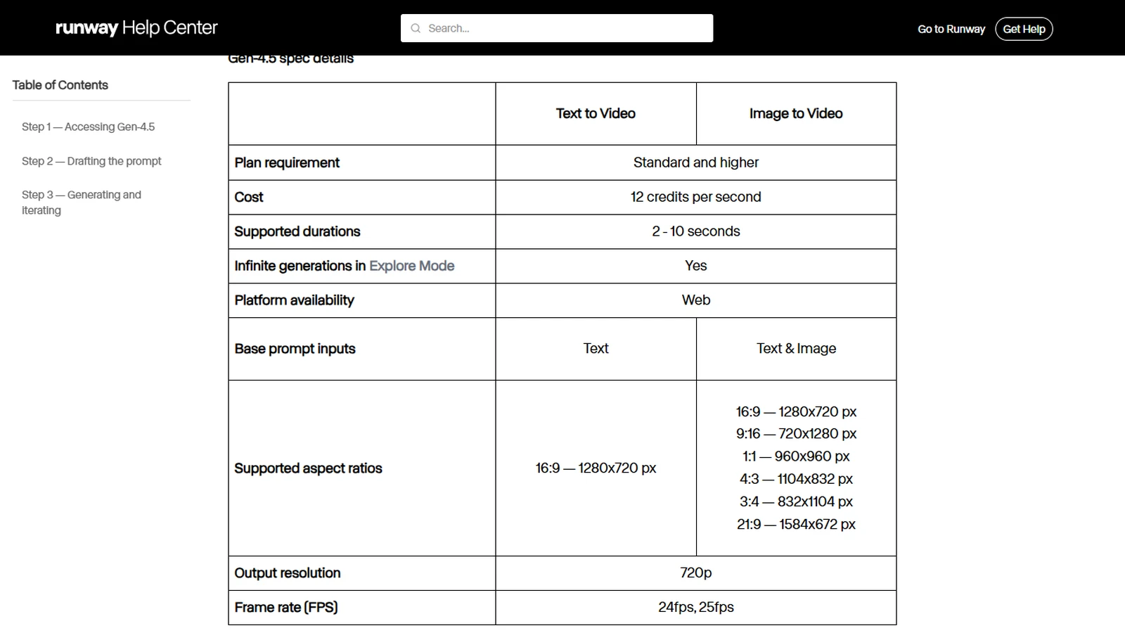 Fiche technique officielle de Runway Gen-4.5 : 12 crédits par seconde, durées de 2 à 10 secondes, sortie 720p, 24 ou 25 images par seconde