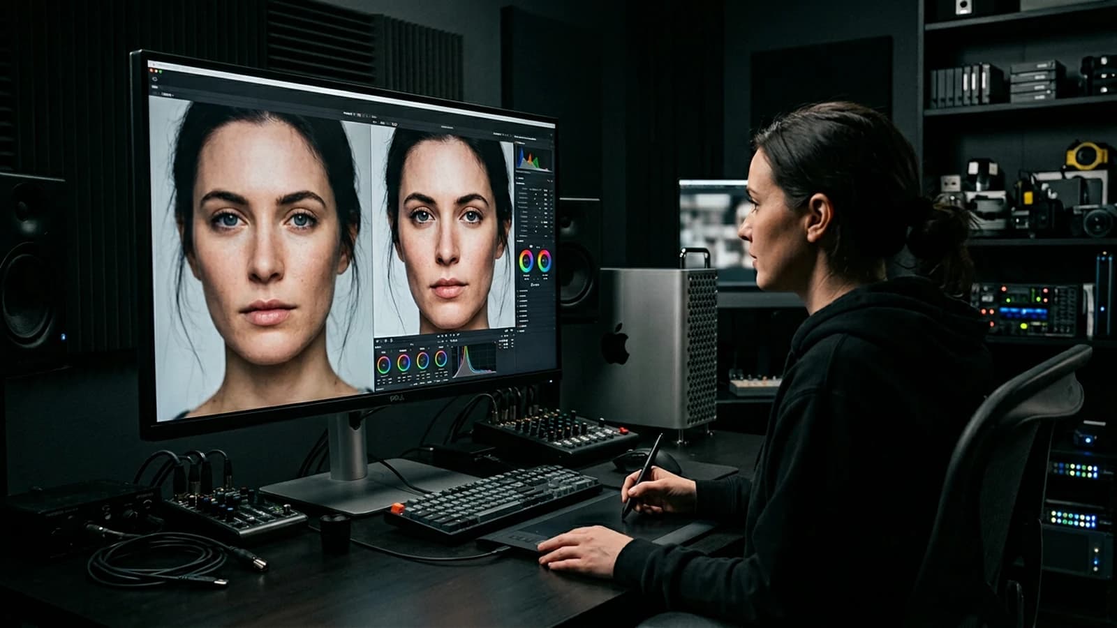 Comparaison avant après upscaling 4K IA sur plan visage en mouvement avec texture peau naturelle