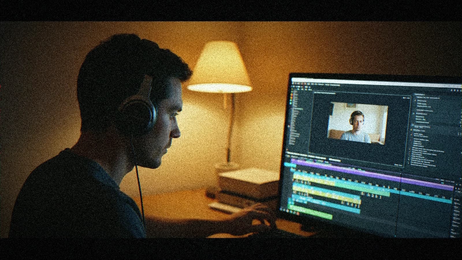 Creator setting a line and a sound ambience on an AI video timeline, headphones on, an editing screen in dim light