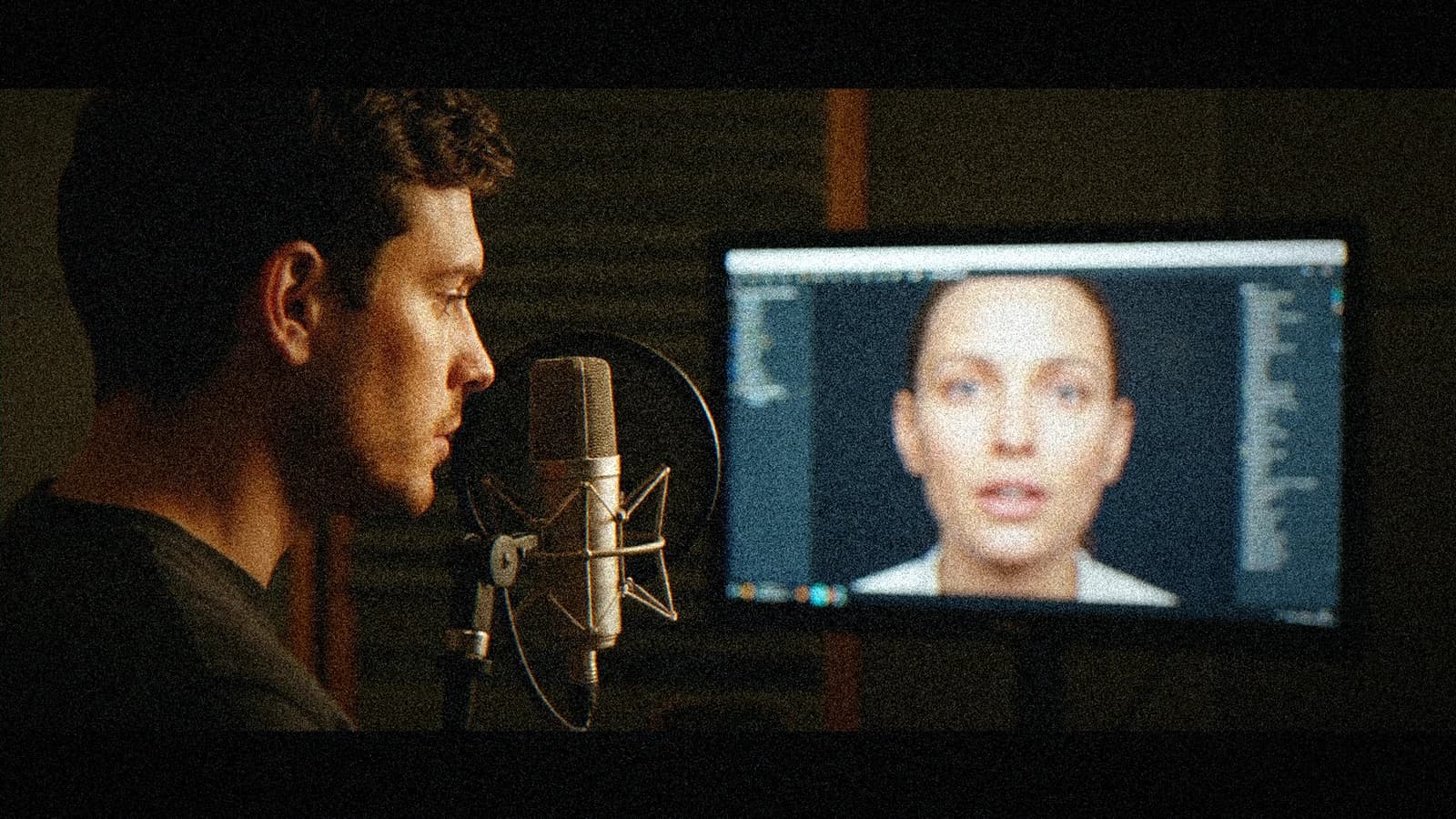 Gros plan d'un comedien en cabine voix off corrigeant un lip-sync IA sur un grand écran, micro de studio, lumière chaude