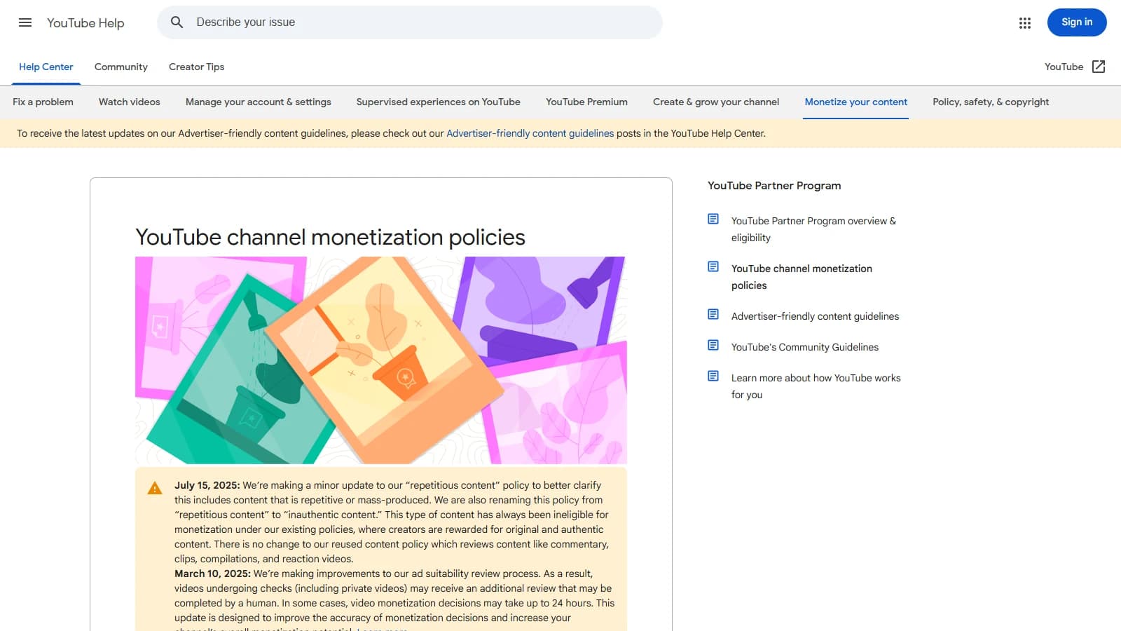 Page YouTube des politiques de monétisation affichant l'avis du 15 juillet 2025 qui renomme le contenu répétitif en contenu non authentique