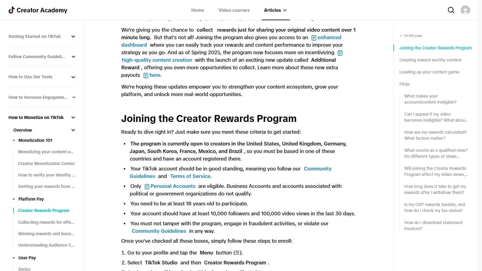 Documentation TikTok listant les huit pays éligibles au Creator Rewards Program, dont la France, avec le seuil de 10 000 abonnés et 100 000 vues