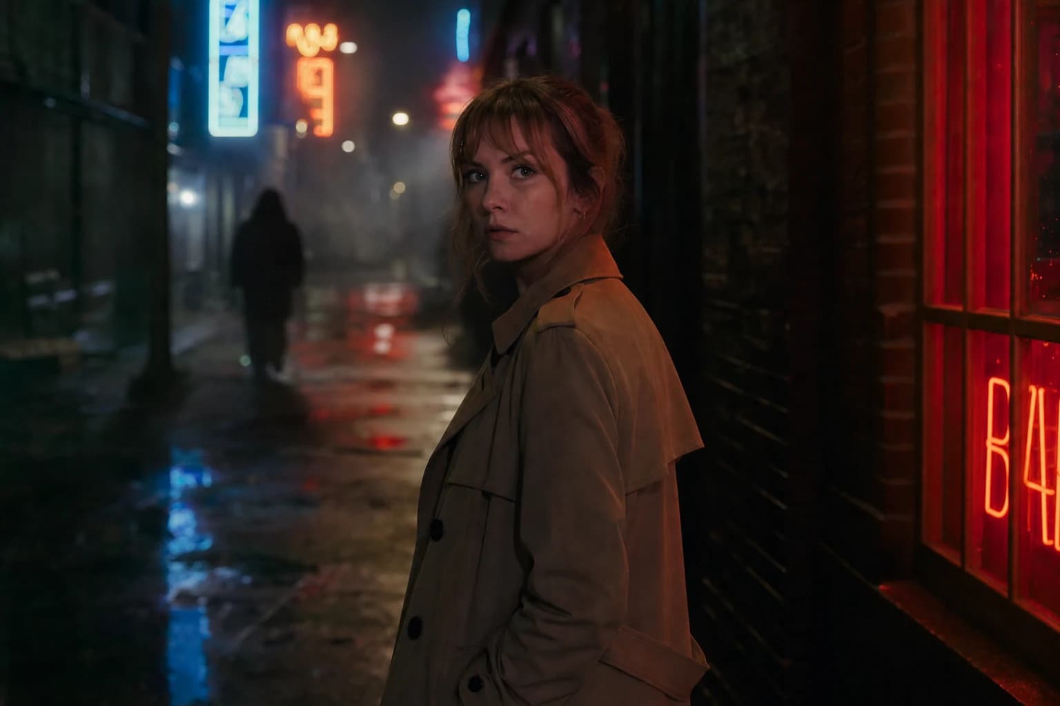 Pilot image: woman in a trench under neon, reference for image-to-video Seedance 2