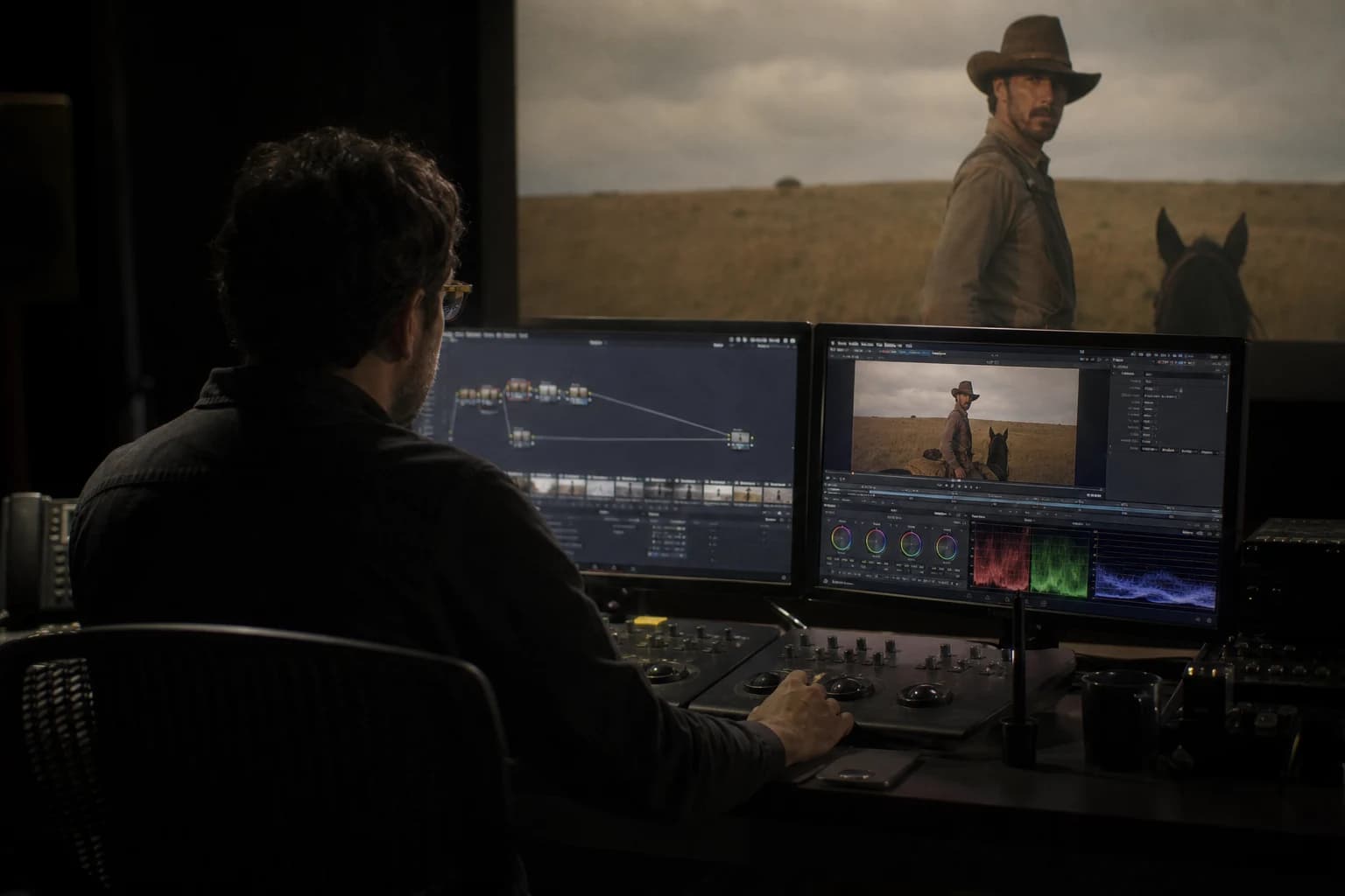 Colorist applying fine grain and a LUT on a double screen in a dark suite