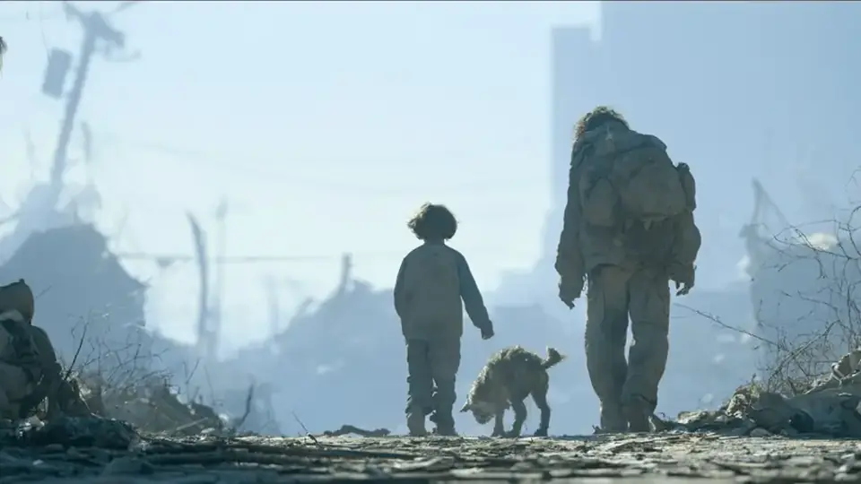 Extrait de film IA : une foule minuscule face à des géants de pierre dans une lumière blanche