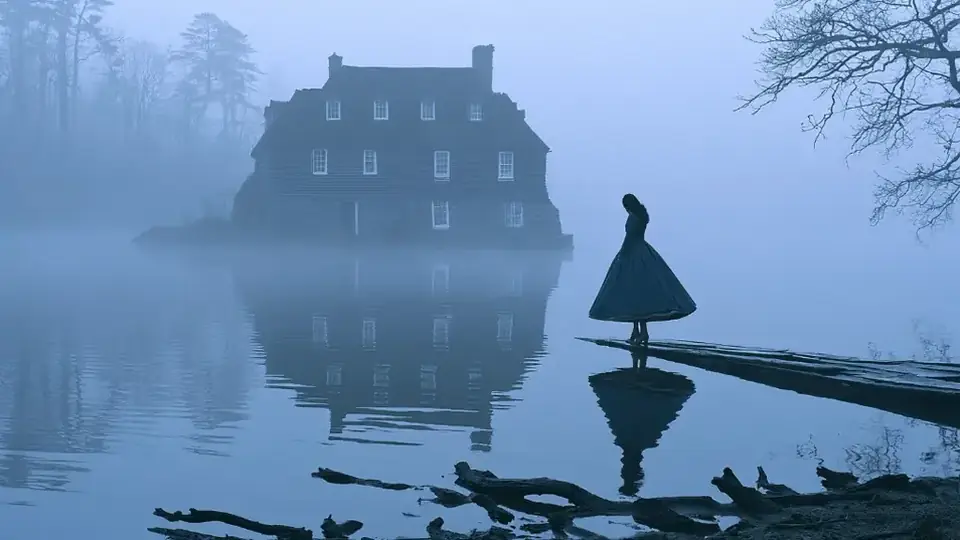 Extrait IA en style animé : une jeune fille regarde par la fenêtre, reflets bleus