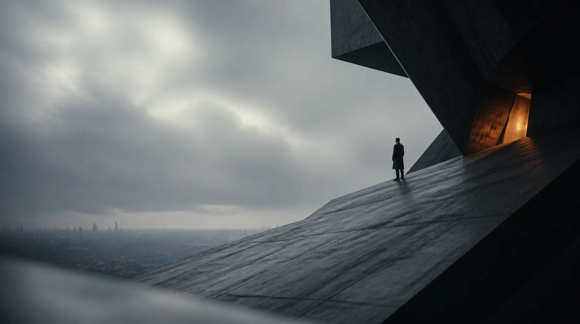 Photogramme IA : une silhouette en manteau sur une rampe de béton monumentale, ciel gris, une source de lumière orange