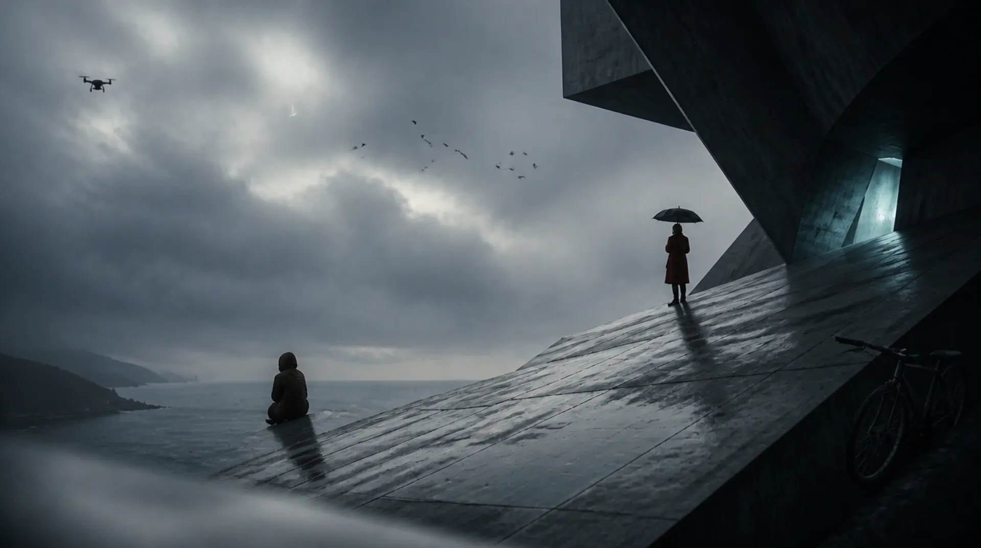 Variante de la scène révélée sous le curseur : la silhouette face à la ville dans la brume, sous une architecture brutaliste