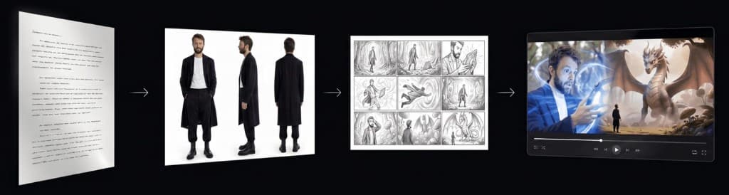 Workflow de création : idée, personnage, storyboard, puis film IA.