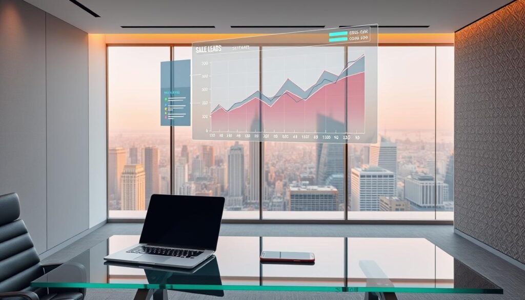 A business office setting with a modern, minimalist aesthetic. In the foreground, a sleek, glass-topped desk with a laptop, a tablet, and a smartphone arranged neatly. Hovering above the desk, a holographic display showcases a dynamic graph charting sales leads, with various colored indicators representing different levels of priority. In the middle ground, a large, floor-to-ceiling window provides a panoramic view of a bustling city skyline, bathed in warm, golden light. The background features a neutral-toned accent wall, with a subtle pattern that evokes a sense of technology and innovation. The overall mood is one of efficiency, productivity, and the seamless integration of advanced AI-powered CRM systems.