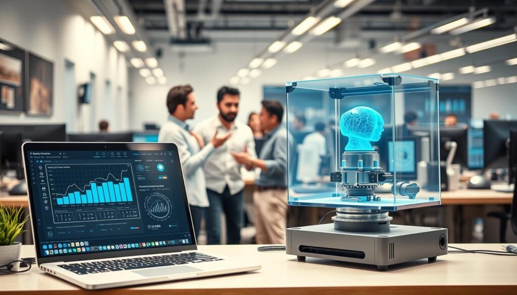 A bustling office scene featuring a diverse array of cutting-edge AI technologies. In the foreground, a sleek laptop displays an AI dashboard with real-time data analytics. Nearby, a team of entrepreneurs examines a holographic projection, gesturing animatedly as they discuss potential applications. In the middle ground, a 3D printer whirs to life, fabricating a prototype of a new AI-powered device. The background is filled with workstations, each equipped with the latest AI software and hardware, creating an atmosphere of innovation and technological progress. Soft, directional lighting illuminates the scene, lending a sense of professionalism and dynamism. The overall composition conveys the excitement and potential of AI technologies for modern enterprises.