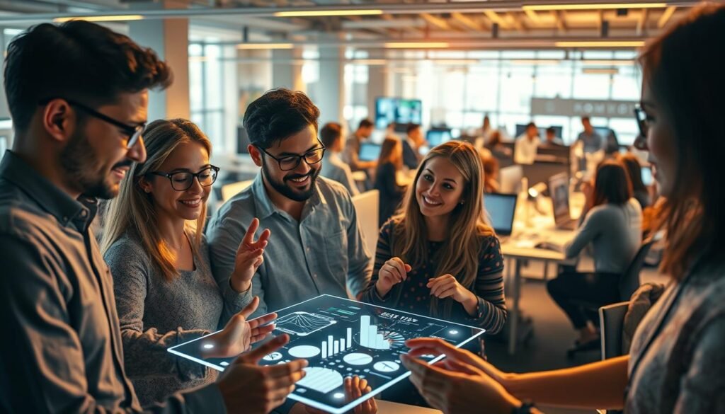 A bustling office scene, with innovative entrepreneurs immersed in tasks involving artificial intelligence. In the foreground, a diverse team collaborates around a holographic display, gesturing excitedly as they analyze complex data visualizations. Warm, diffused lighting imbues the space with an atmosphere of creativity and possibility. In the middle ground, other teams work on prototypes, while the background reveals an expansive, modern workspace filled with the latest technology. The overall mood conveys a sense of collaborative exploration, where the power of AI is harnessed to drive new business opportunities.
