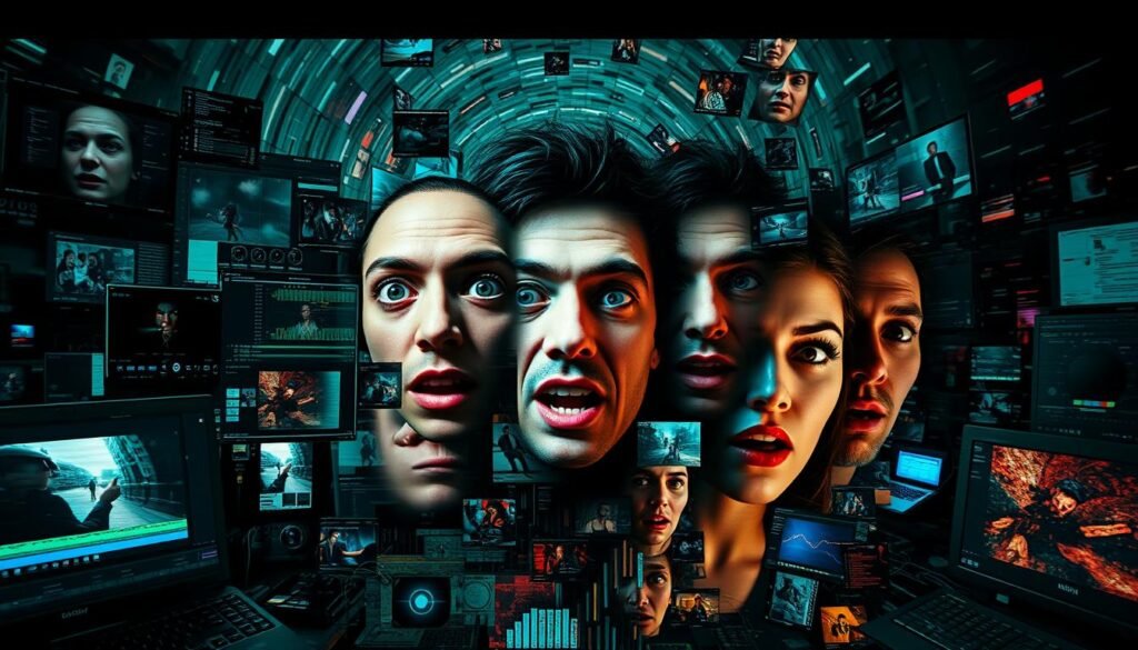 A chaotic collage of video editing artifacts, distorted faces, and glitchy effects. In the foreground, a jumbled array of video editing tools and interfaces, their controls and windows overlapping and obscuring one another. The middle ground features a mix of unnatural, AI-generated human expressions - eyes askew, mouths agape, features morphing and distorting. The background is a swirling vortex of digital noise, color aberrations, and visual disruptions, evoking the unpredictable nature of AI-powered video editing. Dramatic lighting casts dramatic shadows, heightening the sense of unease. An unsettling, cautionary tale of the pitfalls of over-relying on intelligent video editing algorithms.