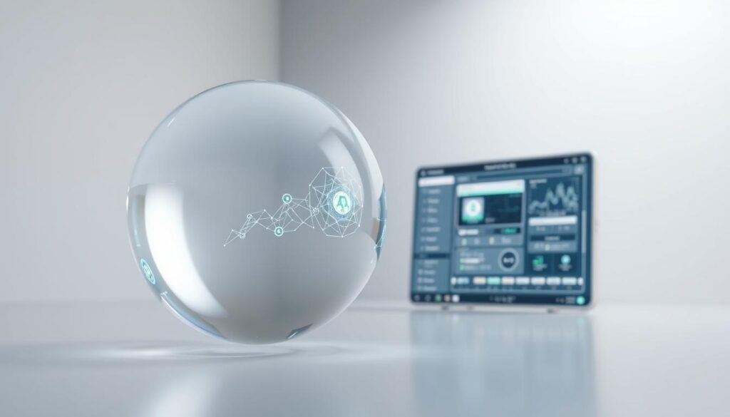 A clear and focused AI objective. A transparent glass sphere in the foreground, floating and casting shimmering refractions. Inside, a glowing wireframe structure representing the core AI systems. In the middle ground, a sleek, minimalist user interface with clean lines and intuitive controls. The background is a serene, neutral palette, allowing the central elements to take center stage. Soft, diffused lighting illuminates the scene, creating a sense of depth and clarity. The overall atmosphere is one of purposeful simplicity, highlighting the clarity and focus of the AI objective.