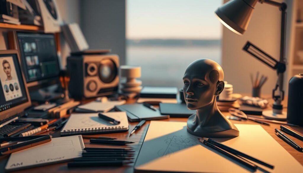 A cluttered desk covered in various AI avatar creation tools, including a sketchpad, digital brushes, 3D modeling software, and a high-tech rendering engine. Soft, warm lighting illuminates the scene, creating an atmosphere of focused creativity. In the foreground, a partially complete avatar model takes shape, its features gradually emerging from the digital canvas. The background blurs into a serene, minimalist setting, allowing the creative process to take center stage. A sense of potential and innovation permeates the image, hinting at the power of these tools to bring virtual influencers to life.