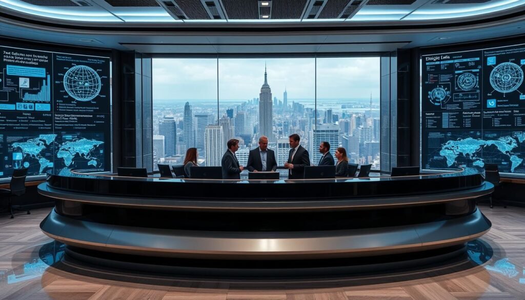 A corporate office interior with a large curved desk in the foreground, adorned with sleek black and silver accents. The desk is surrounded by an array of advanced computer monitors and holographic displays, showcasing intricate data visualizations and algorithmic models. The middle ground features a group of executives, their faces partially obscured, deeply engaged in discussion about the ethical implications of the AI systems they are developing. The background reveals a panoramic view of a bustling cityscape, hinting at the global scale and impact of their work. The lighting is cool and modern, creating a sense of technological sophistication. The overall atmosphere conveys a careful balance between innovation and responsibility, as the leaders grapple with the challenges of implementing AI ethically within their enterprise.