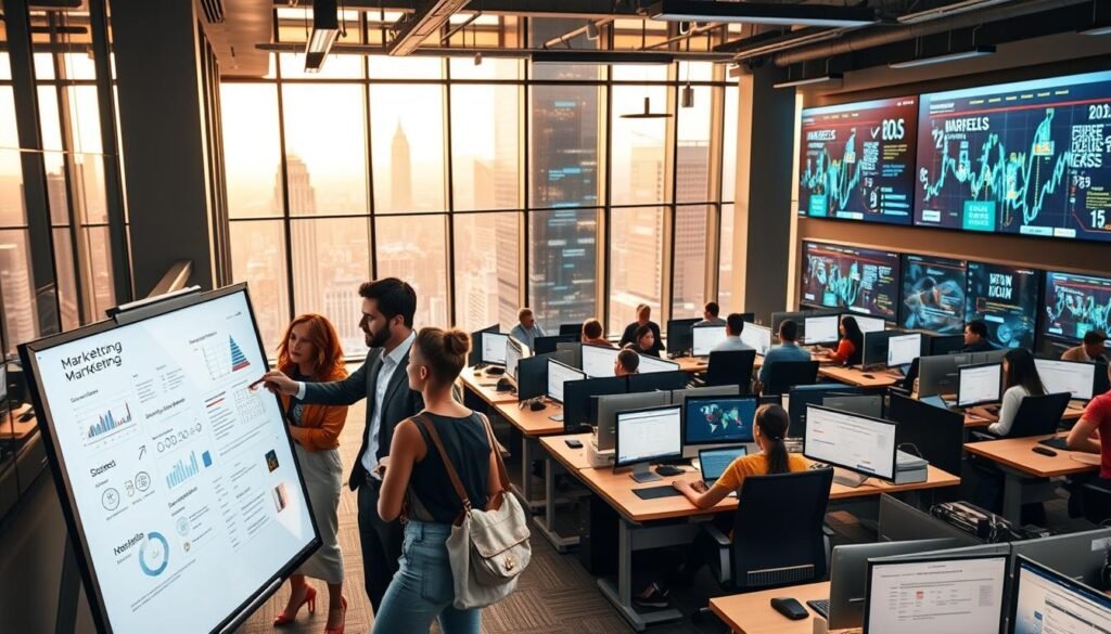 A corporate office setting with a sleek, modern design. In the foreground, a diverse team of marketing professionals collaborating on a digital whiteboard, planning and strategizing marketing campaigns. In the middle ground, rows of desks with employees engaged in various tasks, surrounded by large screens displaying data visualizations and marketing analytics. The background features floor-to-ceiling windows overlooking a bustling city skyline, bathed in warm, natural lighting. The overall atmosphere conveys a sense of productivity, efficiency, and a focus on data-driven, automated marketing solutions.