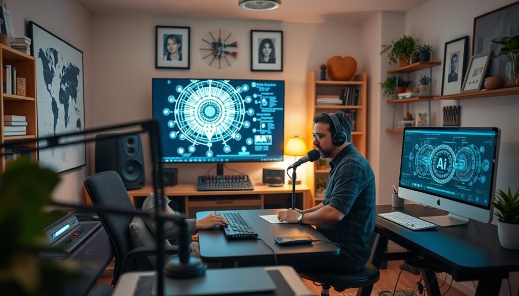 A cozy home studio with a professional podcaster hosting an engaging discussion on artificial intelligence. In the foreground, a well-lit presenter sits comfortably at a sleek desk, microphone in hand, surrounded by cutting-edge technology. The middle ground features a modular audio setup and a large monitor displaying intricate AI schematics. The background showcases a thoughtful, intellectual atmosphere with bookshelves, wall art, and studio decor that evoke a sense of expertise and authority on the topic. Soft, warm lighting and a subtle depth of field create an inviting, high-quality visual experience.