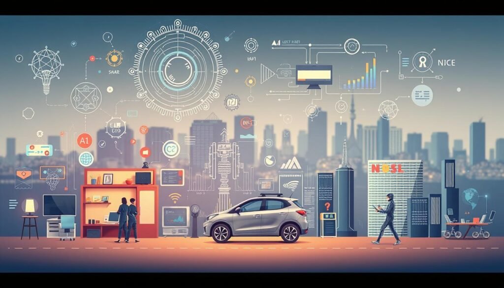 A detailed and visually striking illustration of various artificial intelligence applications. A dynamic foreground showcases a diverse range of AI-powered technologies, including a smart home assistant, self-driving car, virtual assistant, and medical diagnosis tools. The middle ground features abstract AI neural networks and data visualizations, while the background depicts a cityscape with skyscrapers, conveying the broad impact of AI across industries. Subtle lighting and soft focus create a sense of depth and sophistication. Rendered in a clean, minimalist style to highlight the core concepts.