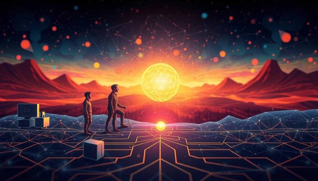 A detailed illustration of the evolution of artificial intelligence, depicting a progression from early computer systems to advanced neural networks and deep learning algorithms. The foreground showcases a series of interconnected abstract shapes and geometric forms, representing the incremental advancements in AI technology. The middle ground features a central focal point, a glowing orb or sphere symbolizing the growing intelligence and computational power of these systems. In the background, a vibrant, abstract landscape of dynamic shapes and lines conveys the ever-expanding possibilities and future implications of AI. The overall scene is illuminated by a soft, ambient lighting that creates a sense of wonder and exploration, capturing the essence of the topic "What is Artificial Intelligence? Definition and Challenges".