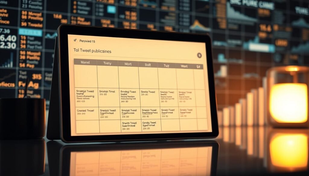 A digital calendar interface displaying a schedule of strategic tweet publication times, backlit by a glowing grid of social media analytics and engagement metrics. The calendar is the focal point, surrounded by subtle design elements that evoke the themes of social media optimization and growth hacking. Soft, warm lighting casts a contemplative mood, while clean, modern aesthetics convey a sense of productivity and efficiency. The overall composition encourages the viewer to imagine how carefully timed, data-driven social media content can drive audience growth.