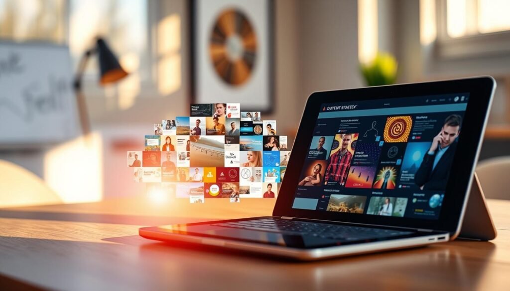 A digital content strategy unfolds with precision, illuminated by a warm, natural light. In the foreground, a stylized digital device displays captivating visuals, its sleek design reflecting the strategic thinking behind the content. In the middle ground, a mosaic of vibrant, engaging social media posts and content pieces coalesce, each element carefully curated to captivate the target audience. The background features a serene, minimalist workspace, hinting at the meticulous planning and execution that underpins the digital content strategy. The overall atmosphere conveys a sense of thoughtful, deliberate content creation, where every element is strategically designed to maximize impact and engagement.