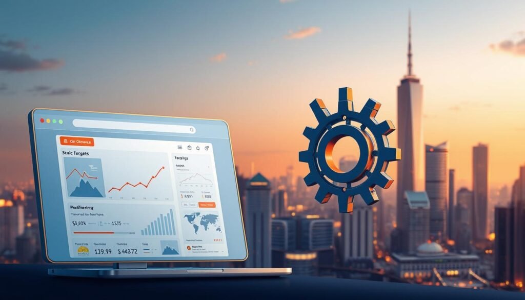 A digital illustration showcasing the optimization of Search Engine Advertising (SEA) campaigns using Artificial Intelligence. In the foreground, a web browser interface displays targeted ads and performance analytics. The middle ground features a cog-like mechanism, symbolizing the AI-driven optimization process, seamlessly integrating with the advertising platform. In the background, a cityscape with towering skyscrapers represents the e-commerce landscape. The scene is illuminated by a warm, inviting lighting, conveying a sense of efficiency and cost-effectiveness in customer acquisition.
