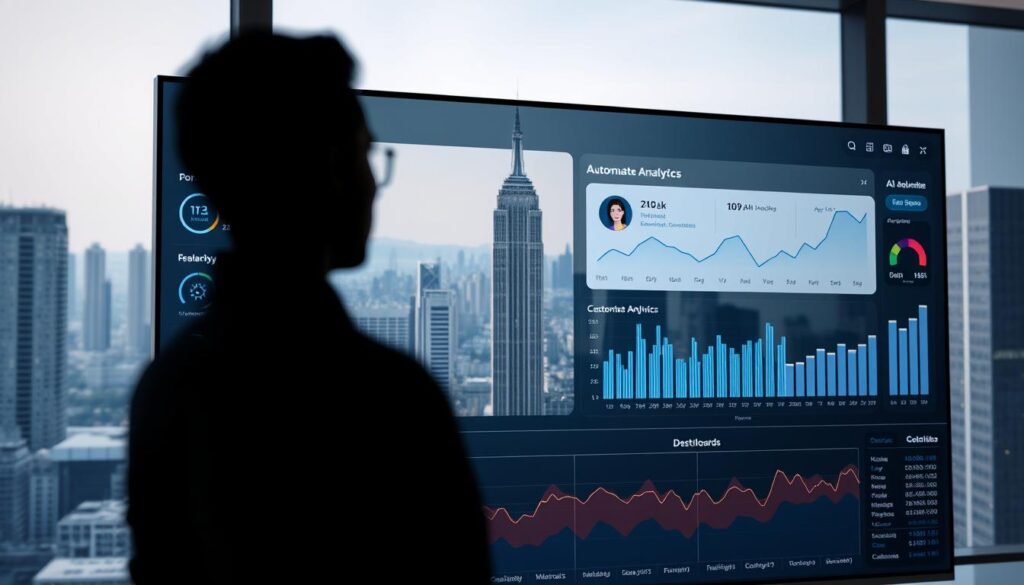 A digital marketing dashboard showcasing AI-driven marketing automation. In the foreground, a sleek, modern interface with data visualizations, customizable analytics, and AI-powered optimization tools. In the middle ground, an AI assistant avatar providing real-time insights and recommendations. The background features a cityscape, symbolizing the global reach and scalability of automated marketing campaigns. The lighting is clean and crisp, lending a sense of professionalism and technological sophistication. The camera angle is slightly elevated, giving an overview of the comprehensive marketing system. The mood conveys efficiency, innovation, and the power of AI to revolutionize modern marketing strategies.