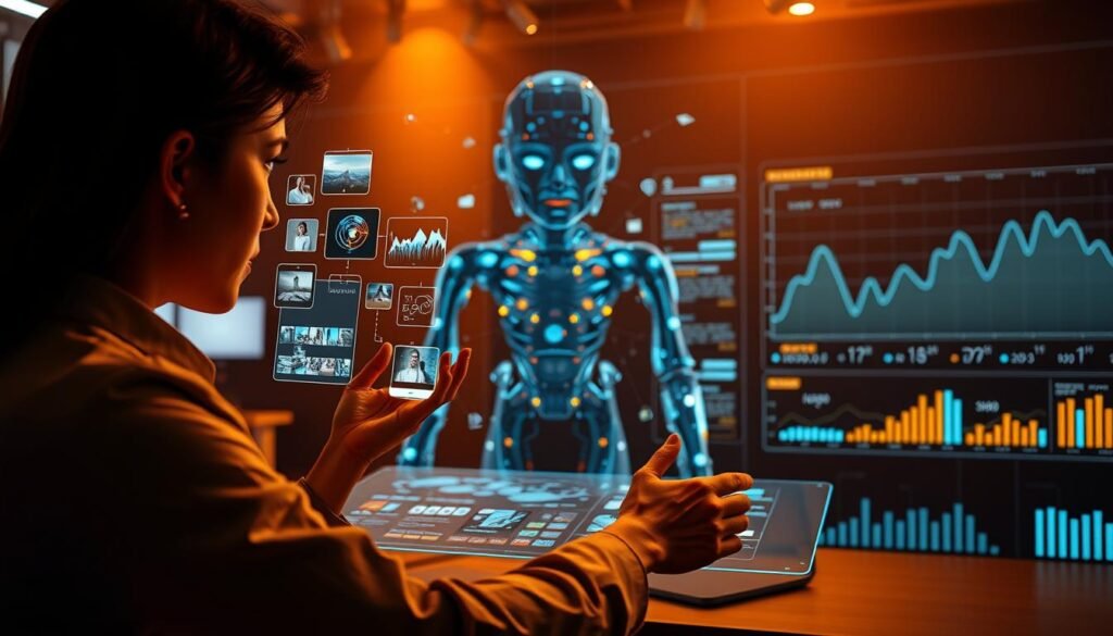A digital workspace with a futuristic, holographic interface. In the foreground, an AI-powered content creation assistant manipulates various media elements - images, text, and videos - with fluid gestures. The middle ground features a towering AI model, algorithmically generating and optimizing content in real-time. The background showcases a dynamic data visualization, illustrating the automated workflows and content metrics. Warm lighting casts a productive, innovative atmosphere, while a sense of seamless integration between human and machine intelligence permeates the scene.