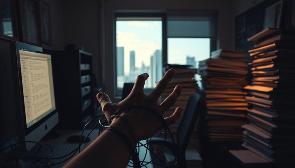 A dimly lit office setting, with a desktop computer casting a soft glow on the surrounding clutter. In the foreground, a hand reaches out from the shadows, entangled in a web of tangled cables, symbolizing the hidden pitfalls of AI-driven SEO. The middle ground features a towering stack of papers, representing the complexities and risks involved. In the background, a partially obscured window reveals a city skyline, hinting at the broader implications of these AI-powered SEO traps. The overall mood is one of unease and caution, urging the viewer to navigate the AI-SEO landscape with care and vigilance.