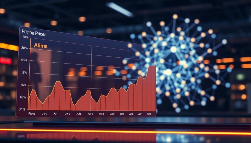 A dynamic, data-driven pricing optimization system powered by AI. In the foreground, a sleek, futuristic interface displays a graph of fluctuating prices, with adjustments happening in real-time. The middle ground features an array of product icons, each reacting to market conditions and customer demand. In the background, a neural network visualization depicts the complex algorithms analyzing massive datasets to drive strategic pricing decisions. Warm, ambient lighting and a clean, minimalist aesthetic convey a sense of precision, efficiency, and technological sophistication. The overall impression is one of an advanced, AI-powered e-commerce tool that can dynamically optimize prices to boost sales and profits.