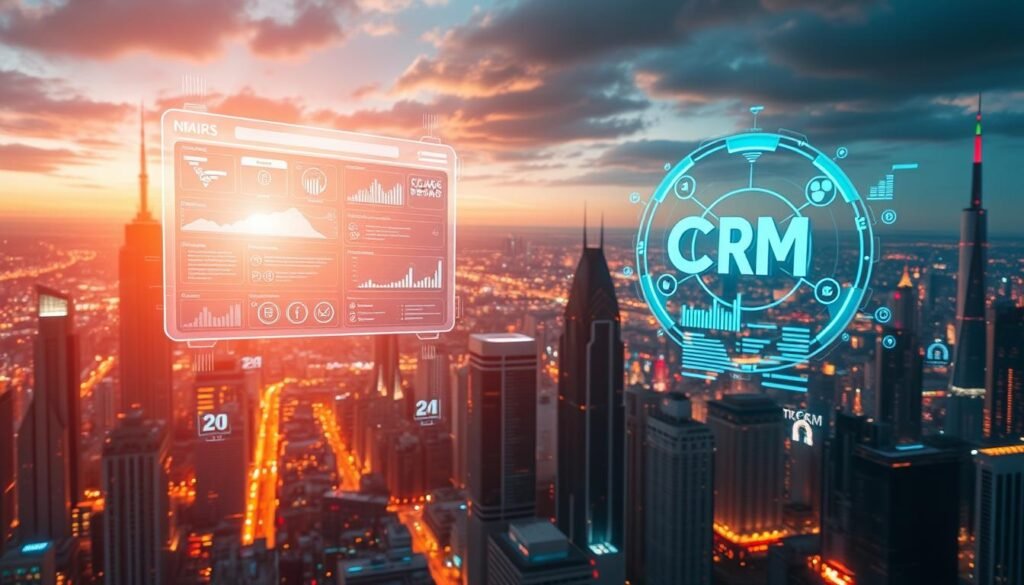 A futuristic cityscape bathed in a warm, neon-tinged glow. In the foreground, a sleek, high-tech customer relationship management (CRM) interface hovers, displaying data-driven insights and AI-powered recommendations. The midground features towering skyscrapers and a bustling metropolis, hinting at the scale and complexity of modern business operations. In the background, a vibrant, holographic display showcases emerging CRM trends and technological advancements, offering a glimpse into the intelligent, automated future of customer engagement. Intricate, ray-traced lighting accentuates the cutting-edge, sci-fi aesthetic, conveying a sense of innovation and progress.