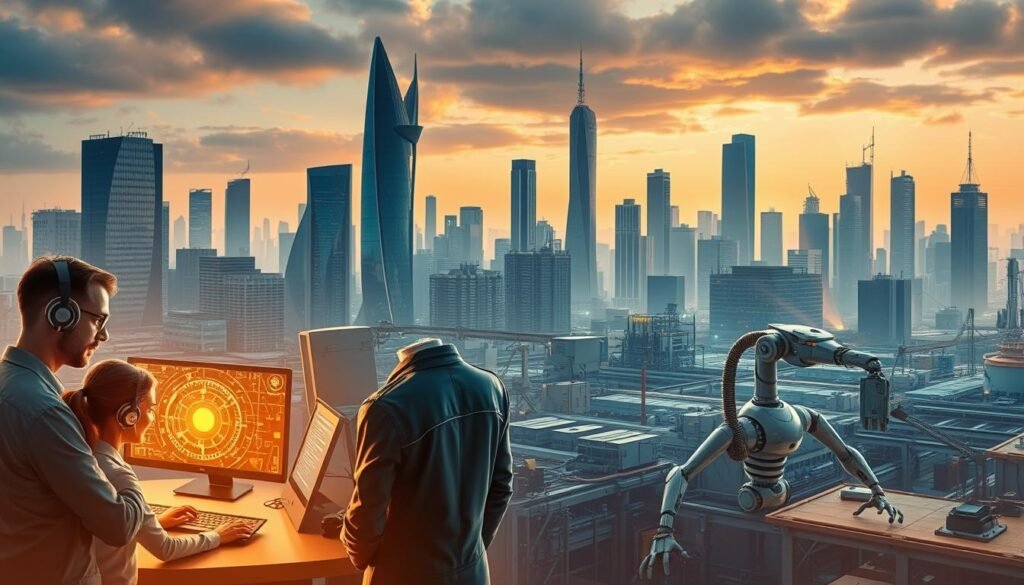 A futuristic cityscape with various professions undergoing transformation through the integration of artificial intelligence. In the foreground, a team of office workers collaborating with AI-powered digital assistants, their expressions reflecting a mix of awe and apprehension. In the middle ground, a factory floor where robotic arms and autonomous systems work alongside human technicians, streamlining production processes. In the background, towering skyscrapers with sleek, modern designs, symbolizing the technological advancements reshaping the urban landscape. The scene is bathed in a warm, golden light, conveying a sense of progress and innovation, but also subtle hints of unease and the need for organizational adaptation.