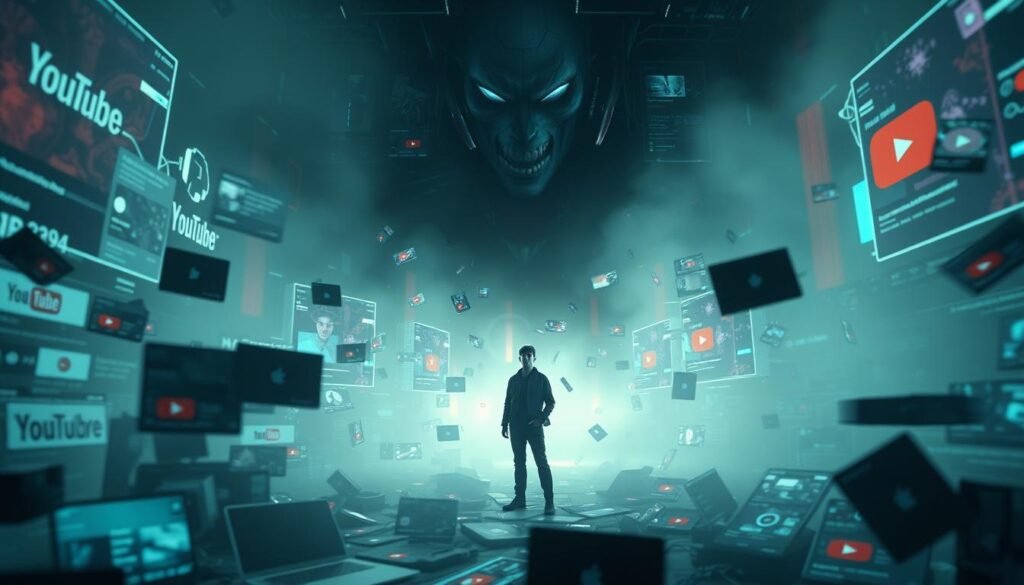 A futuristic, dystopian scene of a YouTube channel in disarray due to AI automation gone wrong. In the foreground, a jumbled mess of malfunctioning YouTube thumbnails, titles, and metadata flicker and glitch, reflecting the chaos of the system. In the middle ground, a lone, bewildered YouTuber stands amidst the digital mayhem, their expression a mixture of confusion and despair. The background is shrouded in a hazy, ominous atmosphere, with ominous shadows and digital artifacts hinting at the deeper technological issues at play. The lighting is dramatic, with harsh shadows and harsh highlights, creating a sense of tension and unease. The overall tone is one of technological failure and the unintended consequences of AI-driven automation.