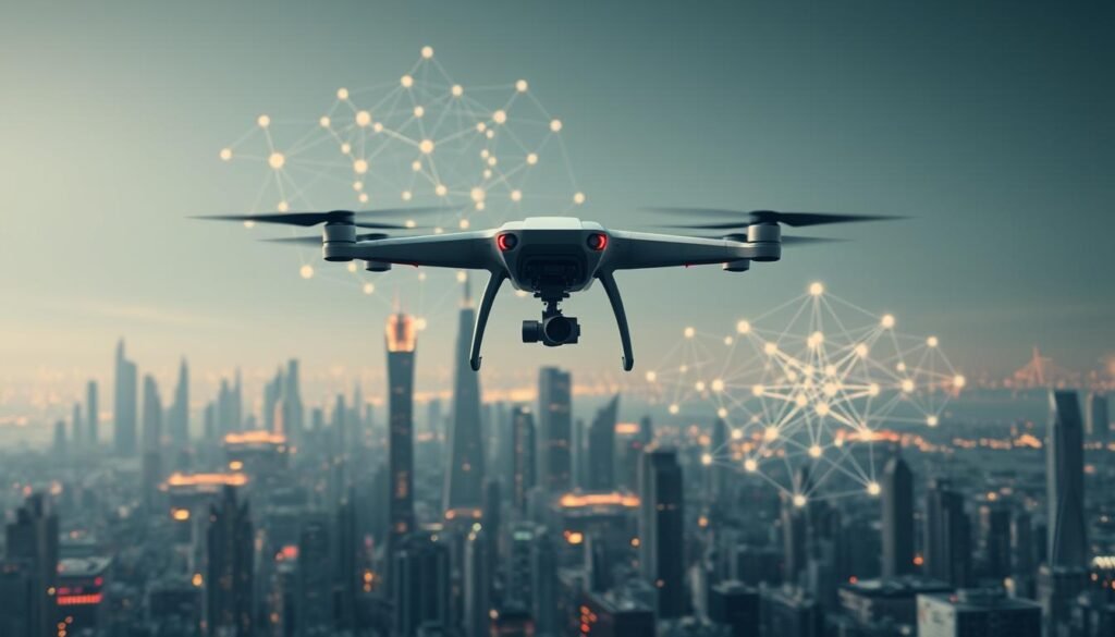 A futuristic, minimalist illustration of AI-powered logistical optimization. In the foreground, a sleek, autonomous delivery drone hovers above a bustling city skyline, its precise movements guided by a complex neural network visualization in the background. The middle ground features interconnected data streams and algorithmic processes, visualized as elegant geometric patterns and glowing lines. The overall atmosphere is one of technological elegance, highlighting the power of AI to streamline and optimize modern logistics systems.