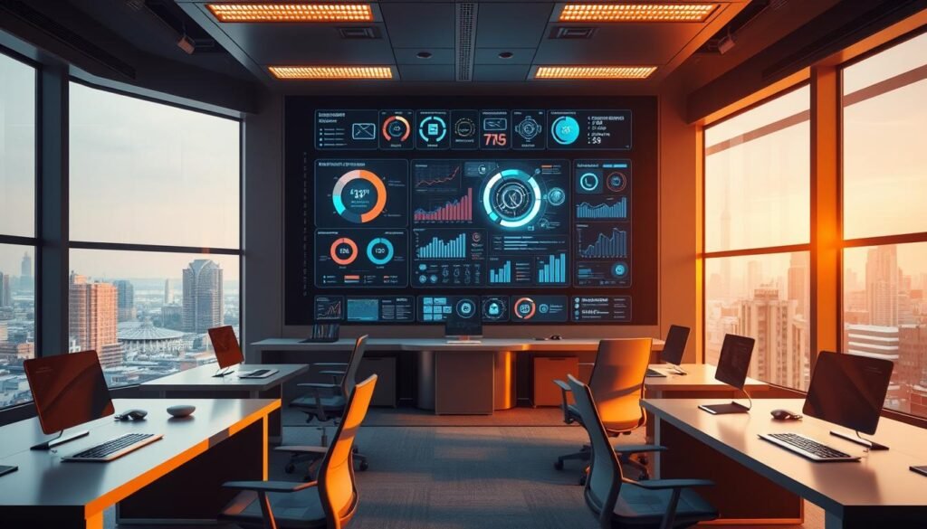 A futuristic office interior with a large central control panel displaying various business process metrics and analytics. Holographic displays and assistive AI agents collaborate seamlessly with human operators. Warm lighting and minimalist design create a sense of efficiency and optimization. Sleek desks and ergonomic chairs in the foreground, with large windows offering a view of a bustling city skyline in the background. The atmosphere conveys a harmonious integration of human and artificial intelligence, driving the optimization of business processes.