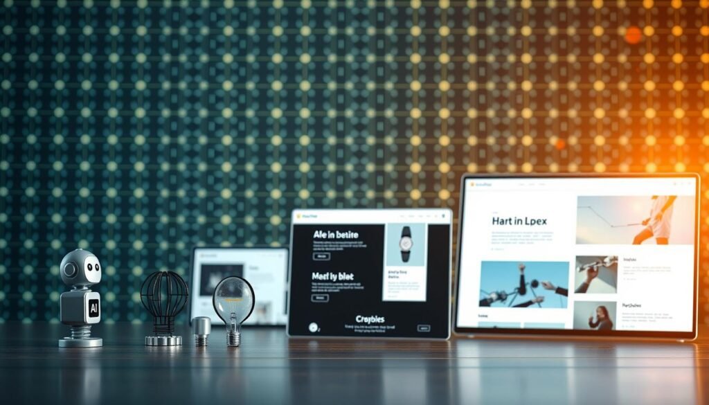 A high-quality comparison of AI tools for website creation, showcased in a sleek, modern layout. In the foreground, a row of AI icons - a robot, a lightbulb, a brain - representing the various AI-powered capabilities. In the middle ground, a selection of website mockups demonstrating the tools' outputs, with clean typography and minimalist designs. The background subtly suggests the technology landscape, with a grid of circuit board patterns and subtle lens flare effects, creating a professional, futuristic atmosphere. Warm, balanced lighting casts a refined glow across the scene, emphasizing the power and precision of these AI-driven website creation tools.