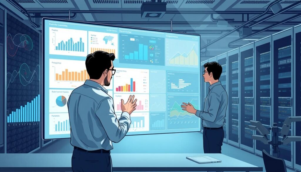 A high-resolution, detailed illustration of "analyse données comportementales" set in a modern, data-driven office environment. In the foreground, a large interactive dashboard displays various behavioral data visualizations and analytics. Analysts in the middle ground intently study these insights, using gesture-based controls to manipulate the data. In the background, server racks and networking equipment suggest the complex computational infrastructure powering the AI-driven behavioral analysis. Muted color tones, clean lines, and subtle ambient lighting create a professional, technology-focused atmosphere.