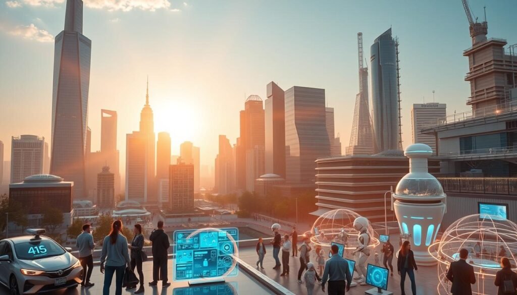 A high-tech cityscape with gleaming skyscrapers and futuristic architecture, bathed in a warm, golden glow from the sun. In the foreground, a group of people interacting with various AI-powered devices and applications, such as autonomous vehicles, smart home interfaces, and virtual assistants. The middle ground features advanced robotic and AI-powered systems working in harmony, while the background showcases cutting-edge research laboratories and tech incubators. The overall scene conveys a sense of innovation, progress, and the seamless integration of artificial intelligence into our daily lives.