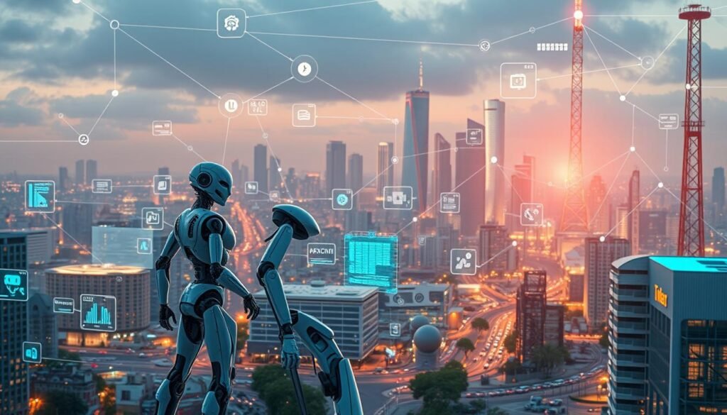 A high-tech, futuristic landscape depicting the seamless integration of robotics and the internet of things. In the foreground, a sleek, humanoid robot navigates a bustling cityscape, its movements fluid and precise. Surrounding it, a network of interconnected devices - smart homes, autonomous vehicles, and industrial machinery - all communicating through a complex web of digital signals. In the middle ground, holographic displays and projected interfaces showcase real-time data and analytics, while in the background, towering skyscrapers and gleaming, metallic structures symbolize the rapid advancement of technology. The scene is lit by a warm, ambient glow, creating a sense of innovation, efficiency, and the boundless potential of the convergence between the physical and digital realms.