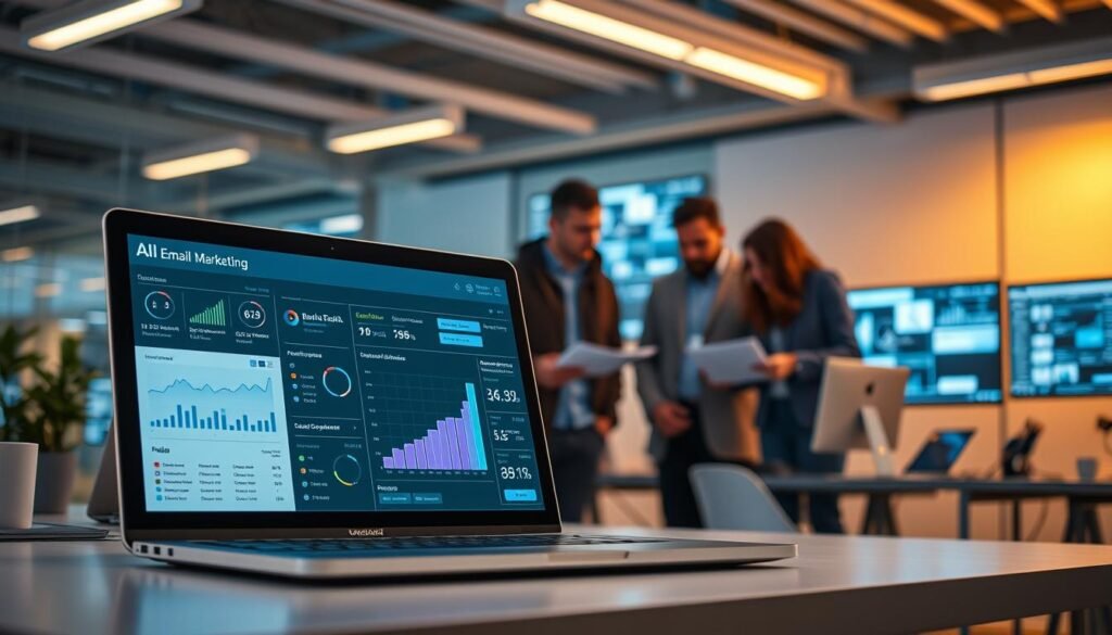 A high-tech office setting, with a modern and minimalist aesthetic. In the foreground, a sleek laptop displays an email marketing dashboard, showcasing intuitive AI-powered analytics and optimization tools. The middle ground features a team of professionals collaborating on digital marketing strategies, their expressions focused and determined. In the background, various devices and screens display data visualizations, highlighting the integration of advanced technologies into the email marketing workflow. Warm lighting casts a subtle glow, creating an atmosphere of productivity and innovation. The overall scene conveys the power of AI-driven email marketing to drive higher conversions and better campaign performance.