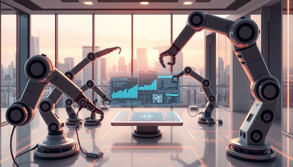 A highly detailed and futuristic illustration of the latest AI automation tools, showcasing a sleek and minimalist design. In the foreground, various robotic arms and mechanical devices gracefully manipulate data and code, their movements captured with a smooth, cinematic perspective. In the middle ground, holographic interfaces and touchscreens display real-time analytics and optimization algorithms, bathed in a cool, neon-infused lighting. The background depicts a sleek, high-tech office environment, with floor-to-ceiling windows overlooking a modern cityscape. The overall mood is one of efficiency, innovation, and the seamless integration of AI-powered automation into the modern business landscape.
