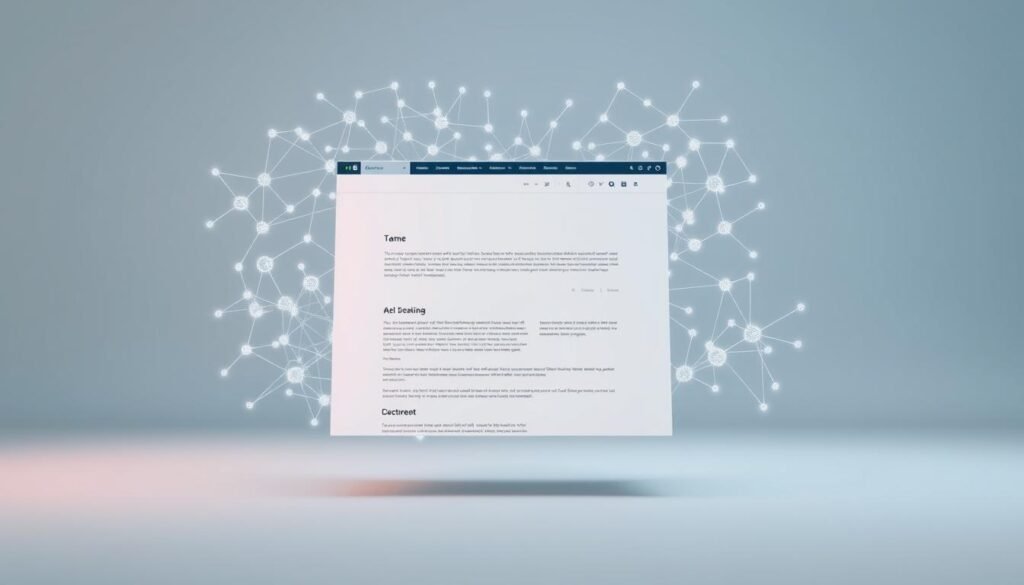 A meticulously optimized web page with a clean, minimalist design floats in an ethereal, pale blue-grey space. Intricate AI-powered algorithms dance around the page, intuitively analyzing and refining its content, structure, and metadata. Shimmering nodes of data interconnect, visualizing the insights that drive SEO-focused content creation. The scene exudes a sense of precision, efficiency, and the seamless integration of human creativity and machine intelligence. Soft, directional lighting emphasizes the page's elegant simplicity and the elegant fluidity of the AI processes at work.