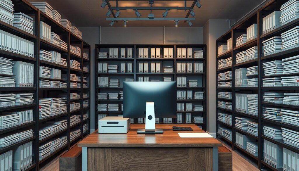 A meticulously organized office space, with sleek metal shelves lining the walls, each neatly labeled and filled with a variety of documents and files. In the center, a large wooden desk stands, its surface adorned with a state-of-the-art computer monitor and a sophisticated document scanner. Subtle track lighting casts a warm glow, illuminating the room and highlighting the efficient filing system. The atmosphere exudes a sense of professionalism and productivity, conveying the seamless integration of technology and manual organization to optimize document management.