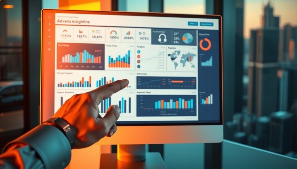 A meticulously rendered, high-resolution image of a data analysis dashboard, showcasing a variety of charts, graphs, and visual representations of advertising performance metrics. The dashboard is displayed on a sleek, modern computer monitor, bathed in warm, directional lighting that casts subtle shadows and highlights the crisp, detailed user interface. In the foreground, a hand gestures towards specific insights, underscoring the intuitive interaction and exploration of the data. The background features a blurred, out-of-focus cityscape, suggesting the broader business context in which these advertising analytics are leveraged. The overall tone is one of sophistication, efficiency, and the power of data-driven decision-making.
