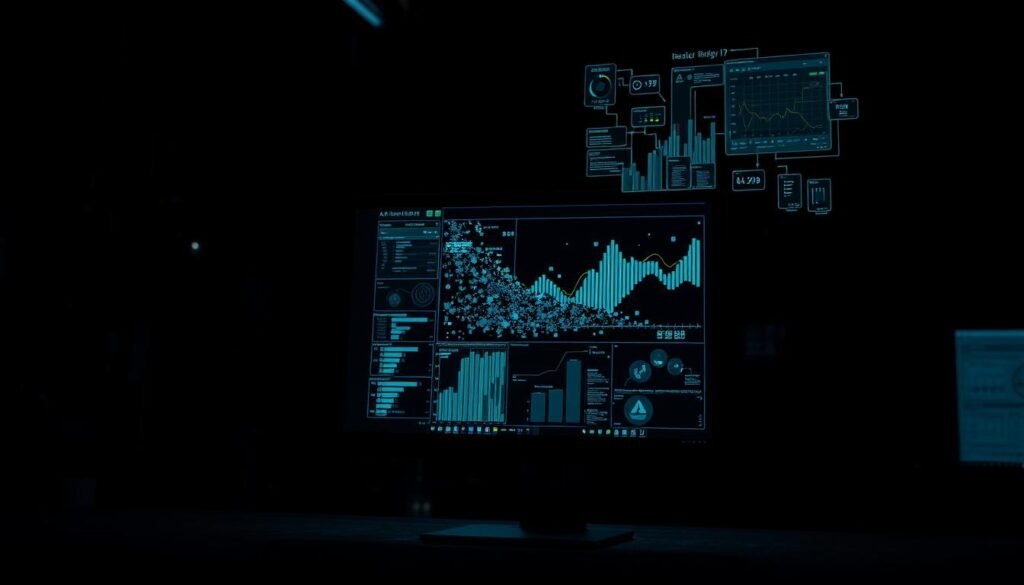 A minimalist, high-contrast data analysis scene. In the foreground, a sleek black computer monitor displays a complex data visualization in shades of blue and green. Floating holographic interfaces emerge from the screen, manipulating the information. In the background, the environment is dark and moody, with hints of industrial machinery and technological accoutrements. Dramatic lighting casts sharp shadows, creating a sense of depth and focus on the analytical process. The overall tone is one of precision, efficiency, and the power of AI-driven data insights.