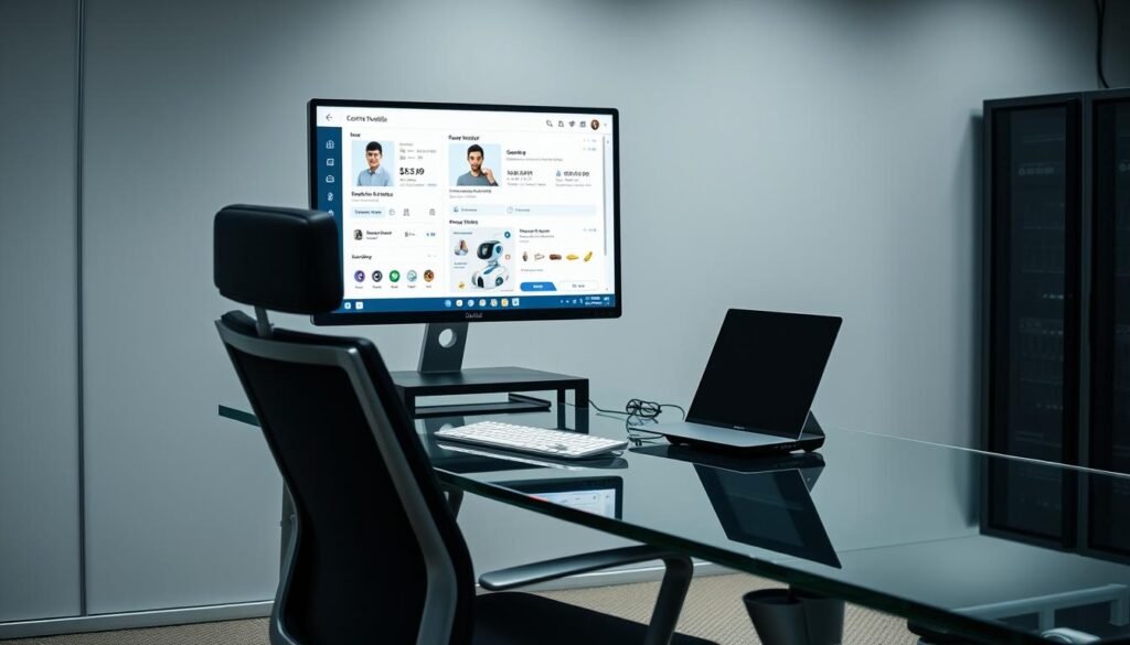 A modern and minimalist office setting, with a sleek glass-and-steel desk and ergonomic chair. On the desk, a high-resolution computer monitor displays a detailed customer profile, showcasing personal information, purchasing history, and preferences. Beside the monitor, a sophisticated chatbot AI interface is visible, featuring intuitive controls and a natural language interaction panel. Soft, indirect lighting creates a comfortable, productive atmosphere, while the background hints at a bustling e-commerce environment, with subtle technology elements like server racks and network cables. The overall scene conveys an efficient, personalized customer support experience powered by intelligent AI systems.