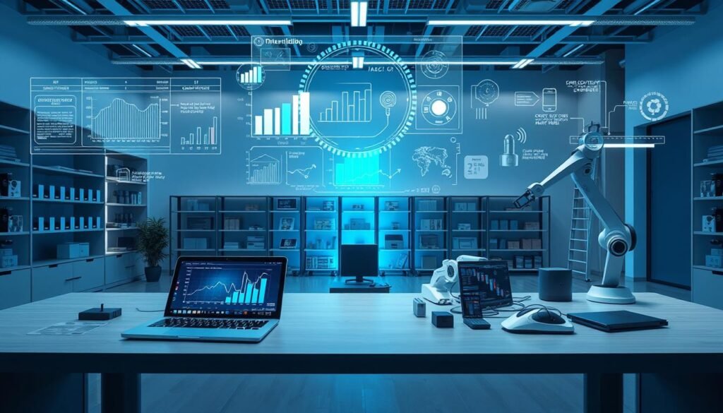 A modern, minimalist office environment with an expansive desk showcasing a range of cutting-edge predictive analytics technologies. In the foreground, a sleek laptop displays AI-driven forecasting models and data visualizations. Hovering above are holographic projections of supply chain optimization algorithms and inventory management systems. The middle ground features an array of intelligent sensors, IoT devices, and autonomous robotic arms, conveying the advanced automation powering this predictive stocktaking setup. The background is bathed in a cool, blue-tinged lighting, creating a futuristic, tech-savvy ambiance befitting the innovative spirit of this AI-driven inventory management solution.