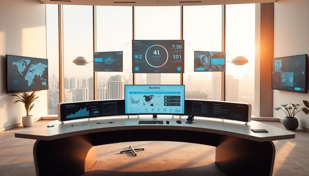 A modern, minimalist office interior with a central command hub. In the foreground, a sleek, curved desk with a large, high-resolution display showing business analytics and AI-powered insights. Behind it, a floor-to-ceiling window offers a panoramic city view, bathing the space in warm, natural light. In the middle ground, intelligent virtual assistants, holograms, and interactive control panels allow for centralized management of business operations. The background features a simplified, clean aesthetic with neutral tones and strategic lighting, creating a sense of focus and efficiency. The overall atmosphere conveys a harmonious, tech-enabled workspace empowering a solopreneur to manage their business with ease and precision.